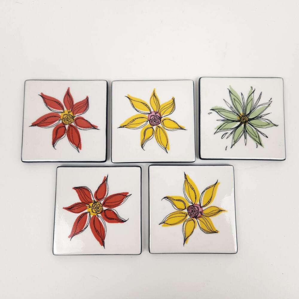 Starbucks Ceramic Coasters Set of 5 Floral Cork Back 2006